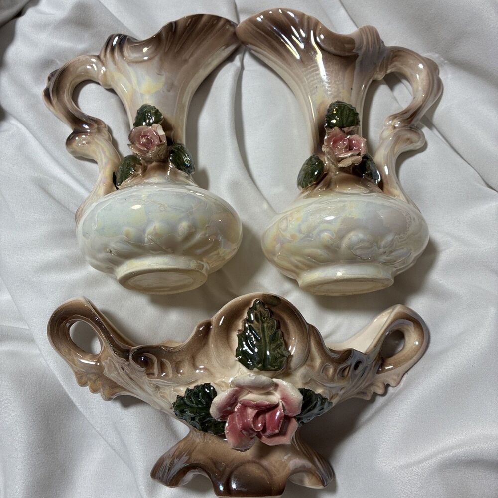 Vintage 3 Piece Lusterware Ewer Vase Set Iridescent Pink Rose Applied 1950s Japa